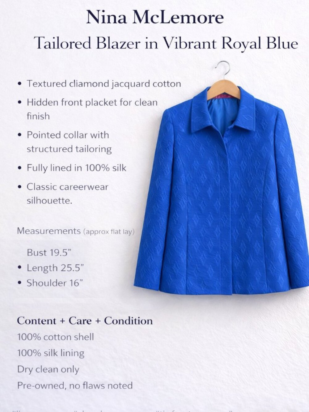 Nina McLemore Blazer Blue Jacquard Cotton Silk Lined Size 8